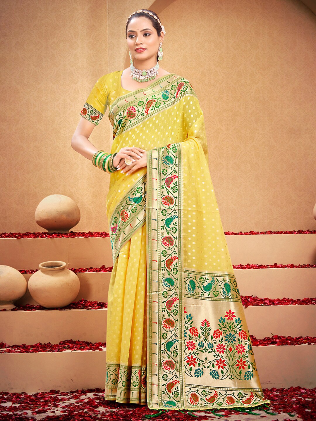 

Mitera Polka Dot Woven Design Saree, Yellow