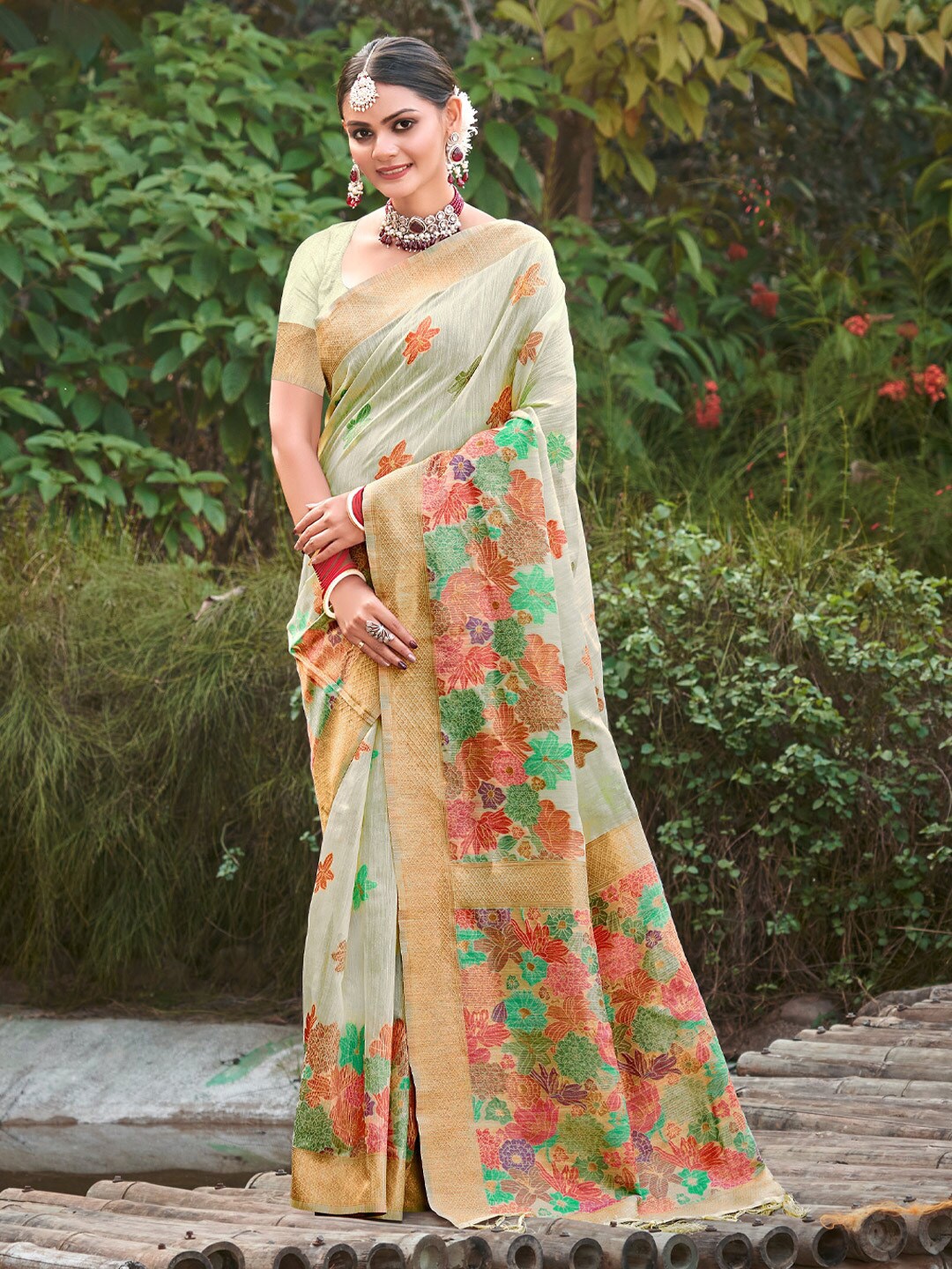 

Mitera Grey & Green Floral Woven Design Saree