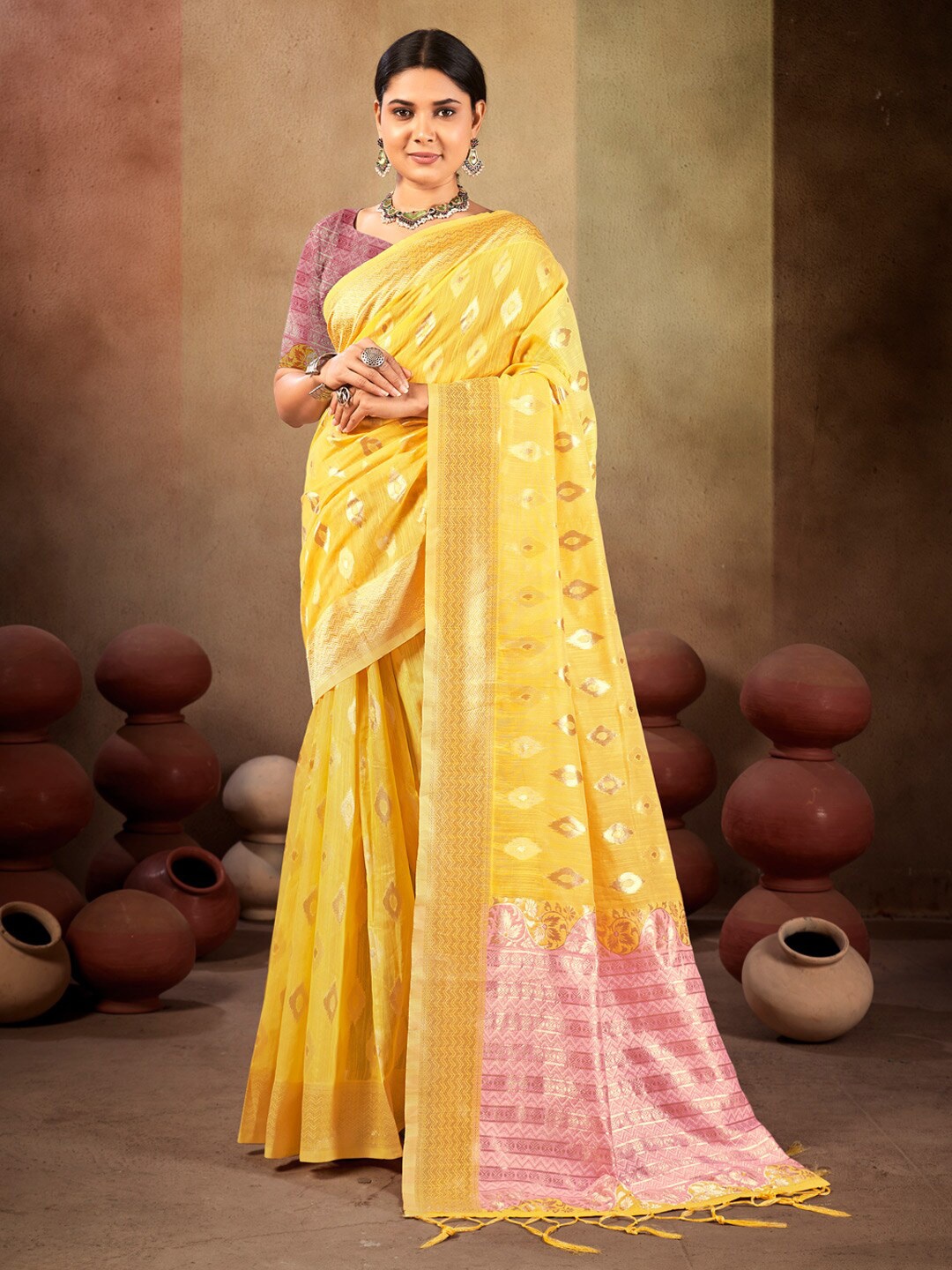 

Mitera Ethnic Motifs Woven Design Zari Saree, Yellow