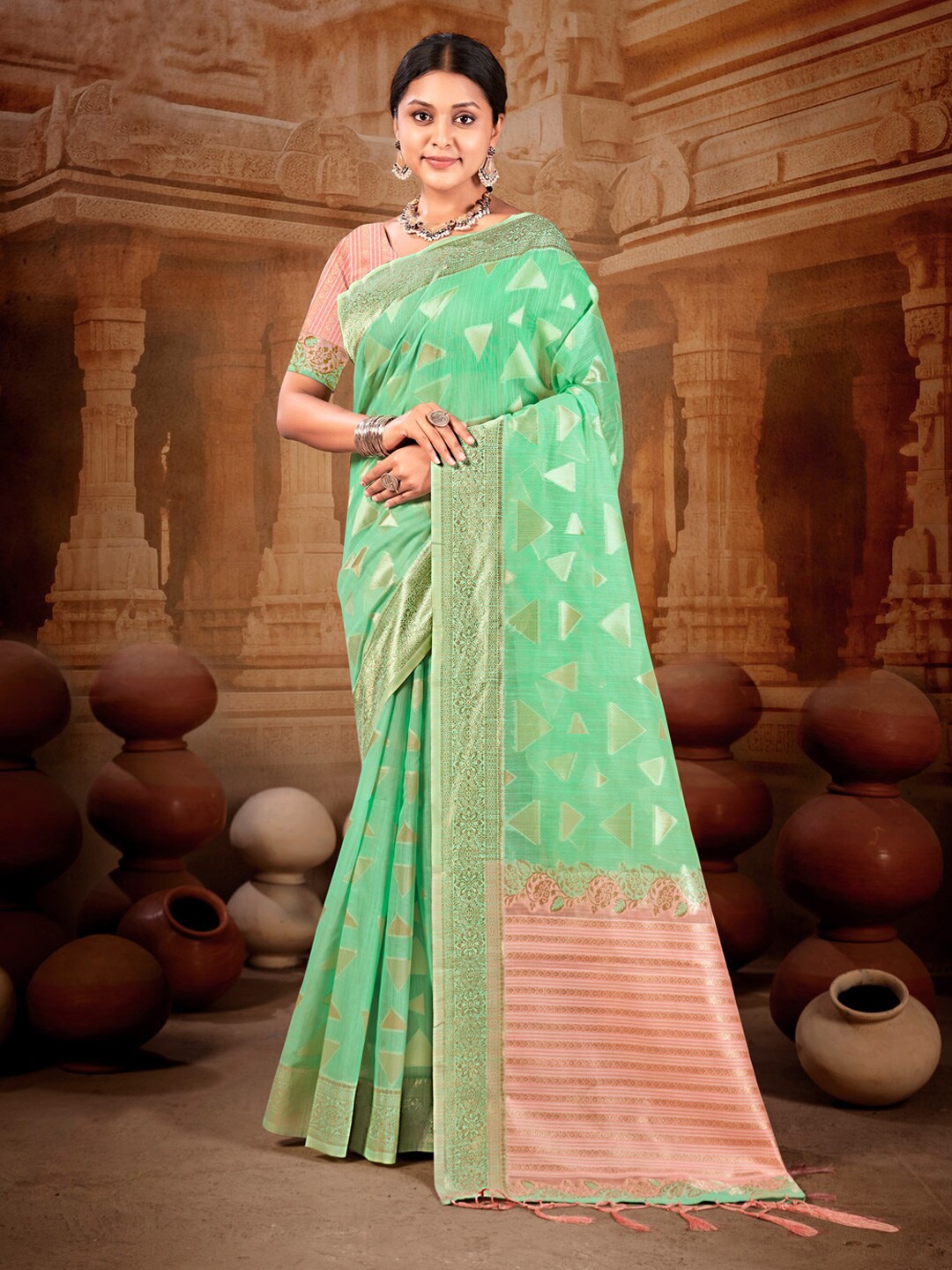 

Mitera Lime Green Geometric Woven Design Zari Saree