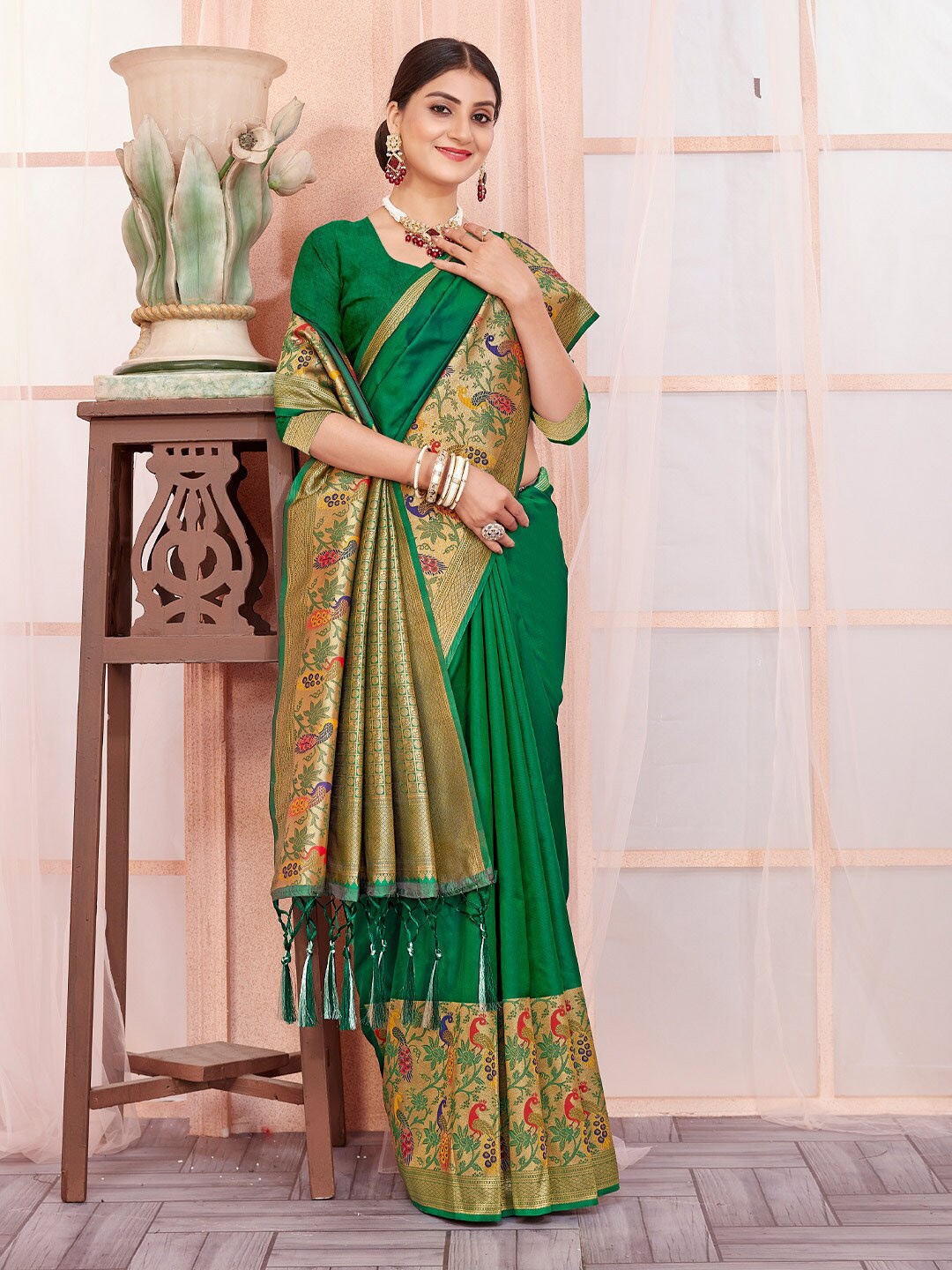 

Mitera Green Woven Design Zari Paithani Saree