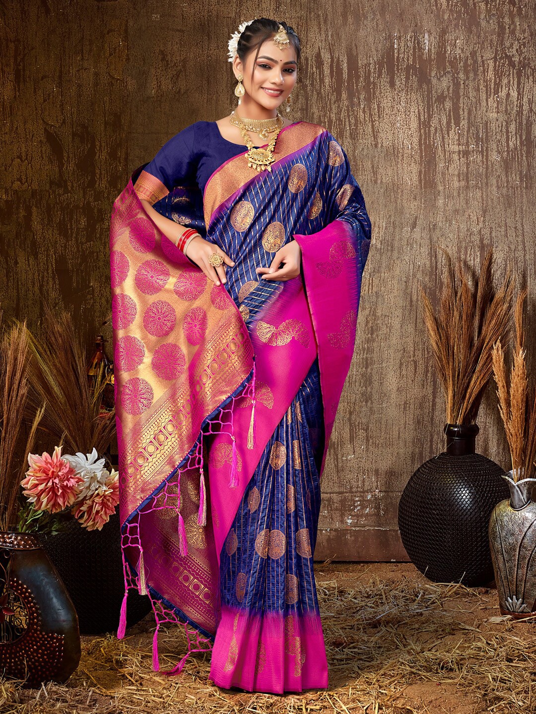 

Mitera Navy Blue & Gold-Toned Ethnic Motifs Woven Design Zari Saree