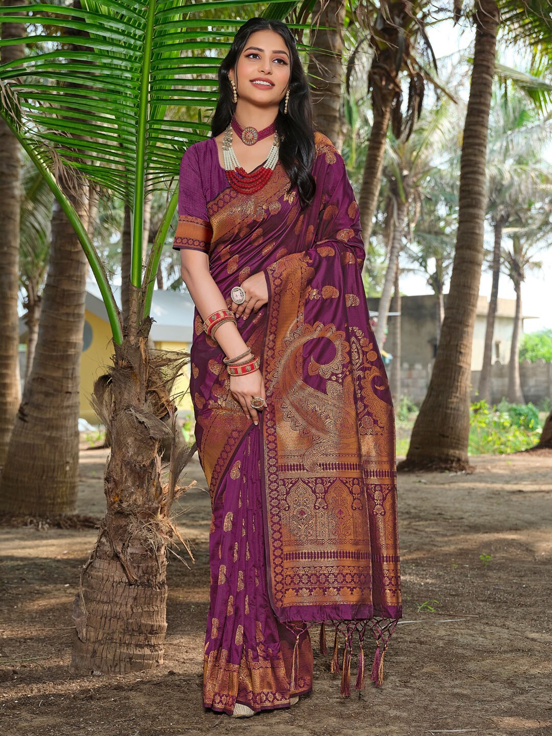 

Mitera Purple & Gold-Toned Ethnic Motifs Woven Design Zari Banarasi Saree