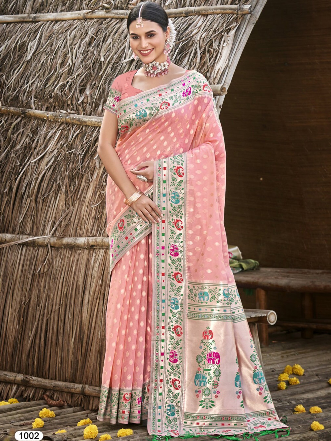 

Mitera Pink Ethnic Motifs Woven Design Zari Paithani Saree