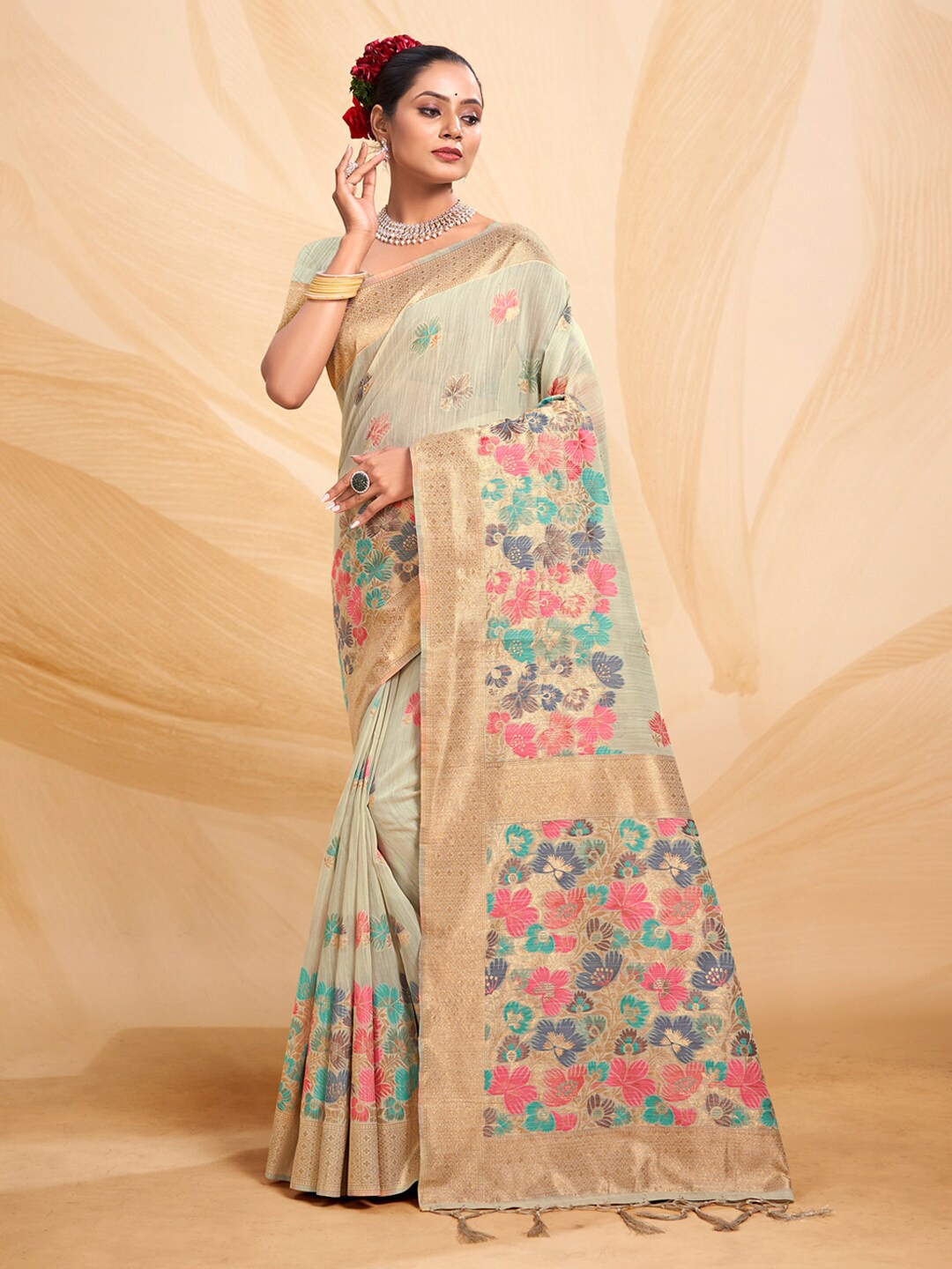 

Mitera Floral Woven Design Zari Saree, Grey