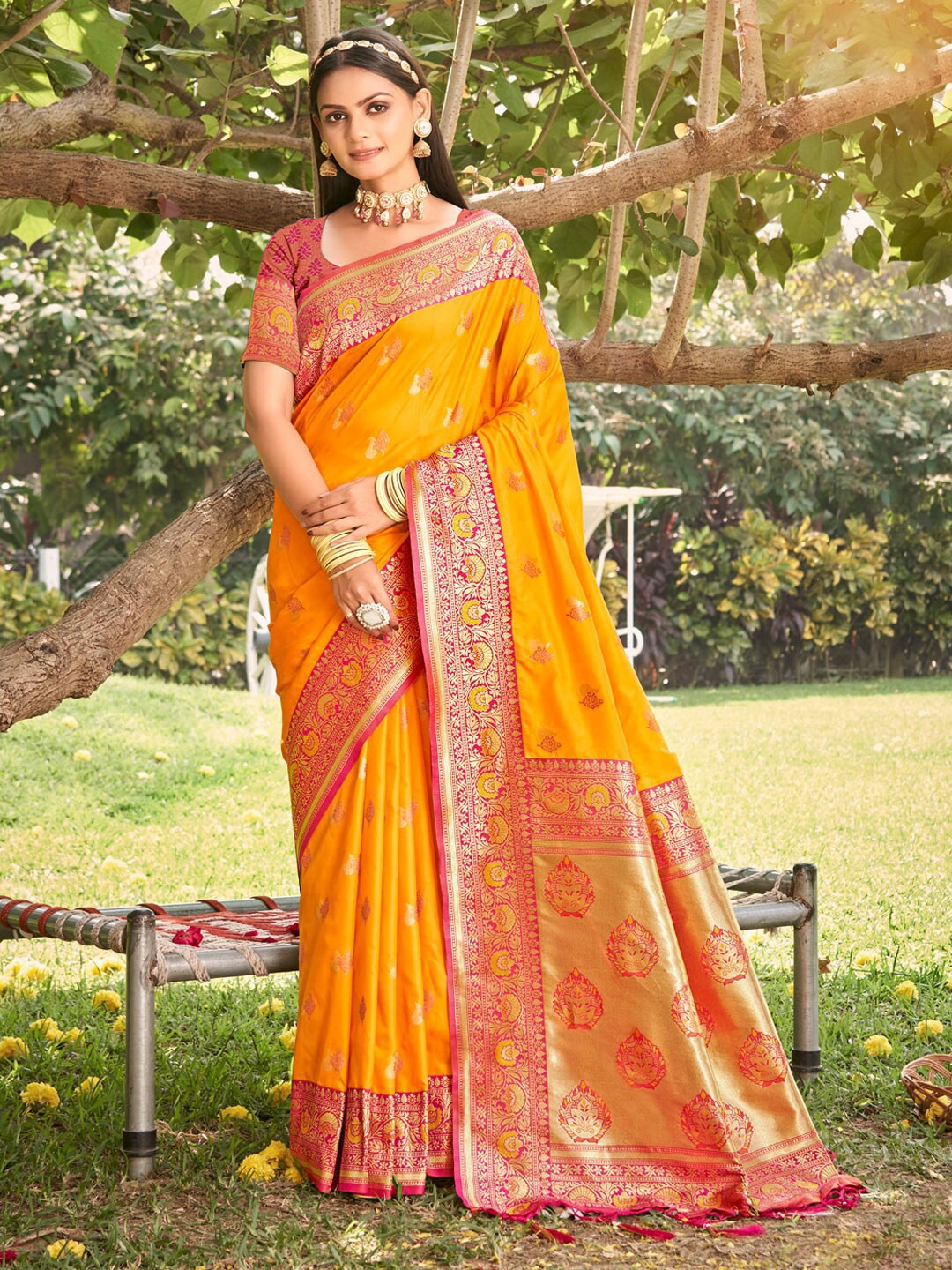

Mitera Mustard & Red Ethnic Motifs Woven Design Zari Saree