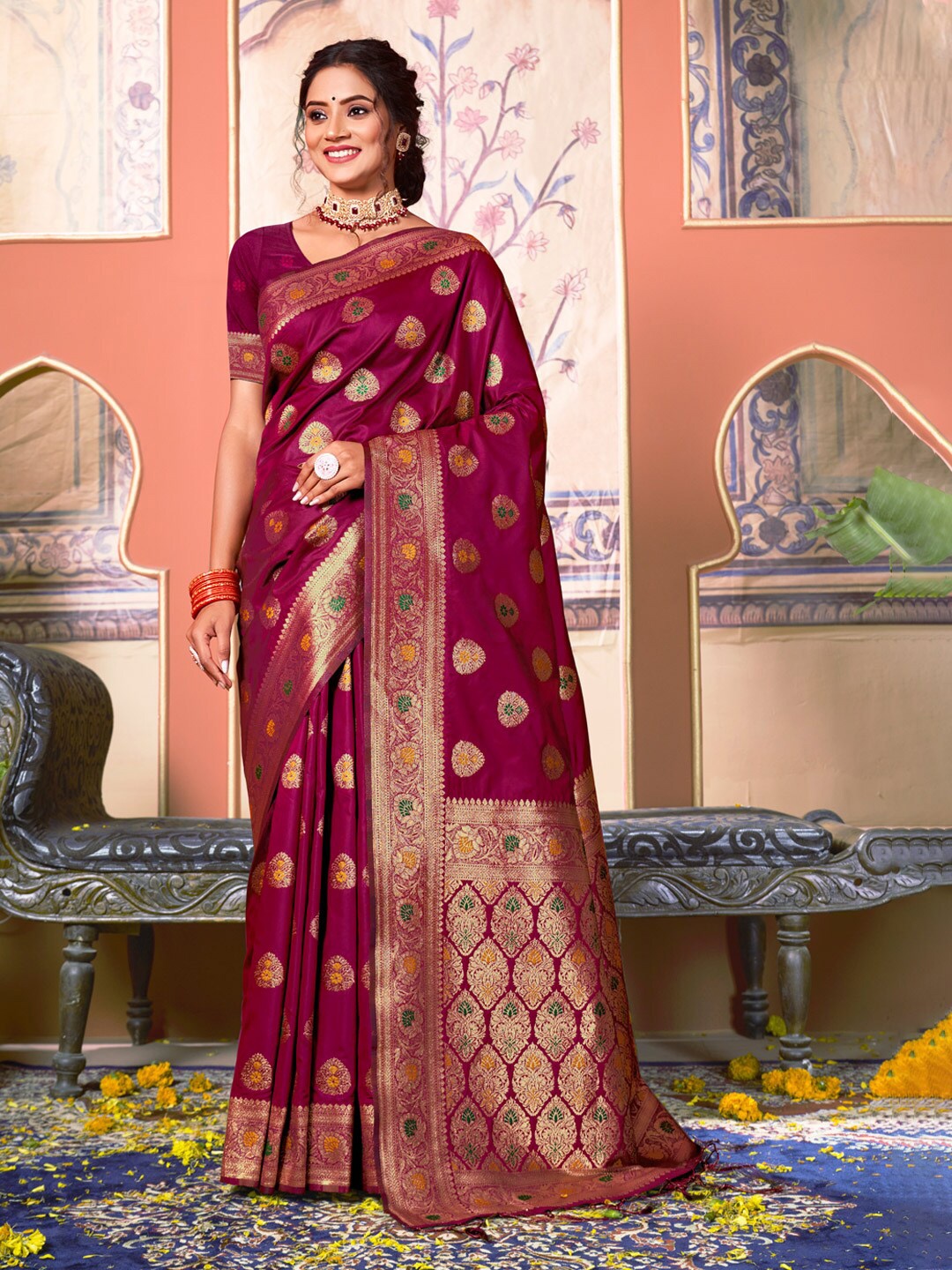 

Mitera Ethnic Motifs Woven Design Zari Banarasi Saree, Purple