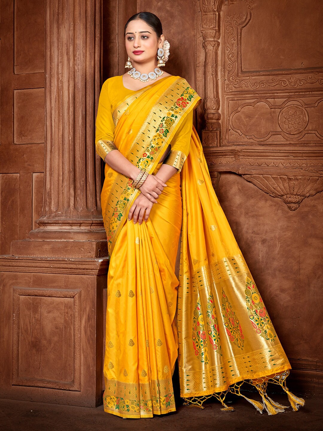 

Mitera Mustard & Green Floral Woven Design Zari Paithani Saree