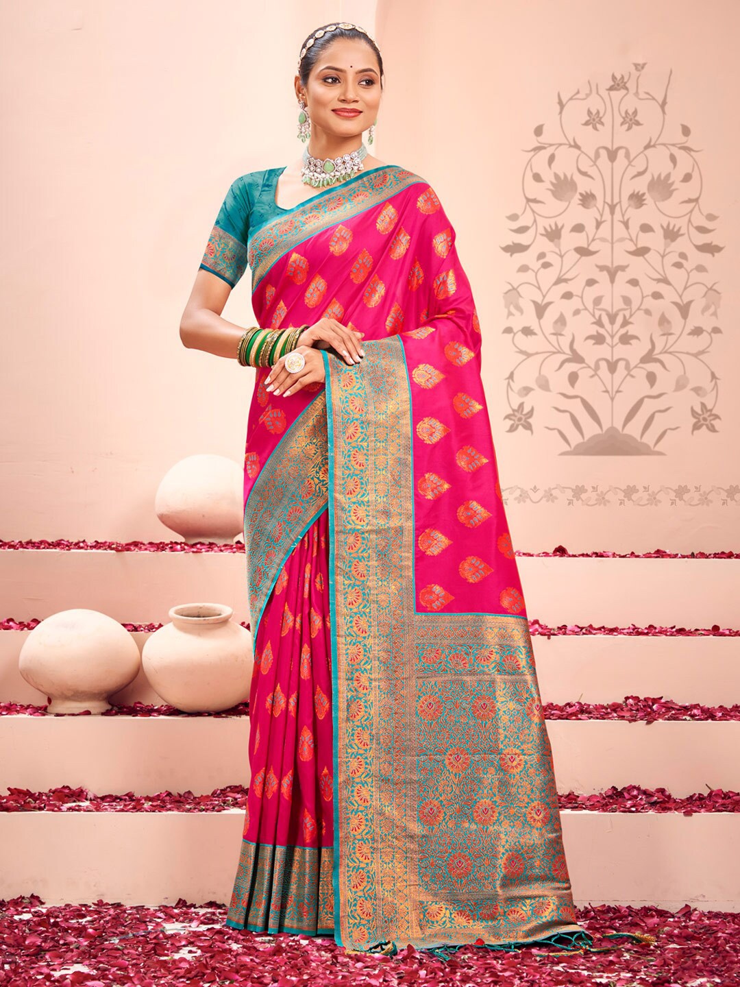 

Mitera Pink Woven Design Zari Kanjeevaram Saree