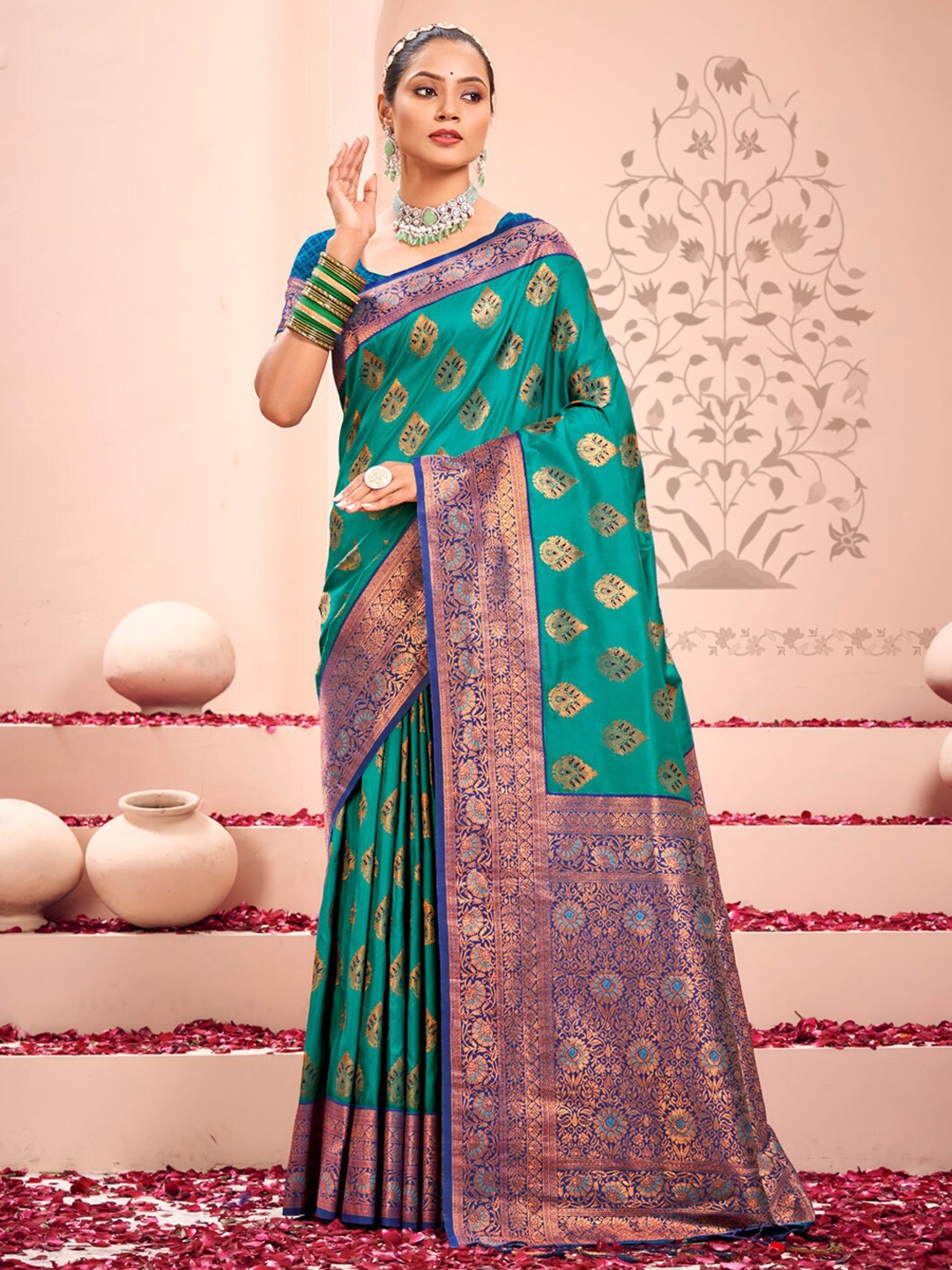 

Mitera Sea Green Ethnic Motifs Woven Design Zari Kanjeevaram Saree