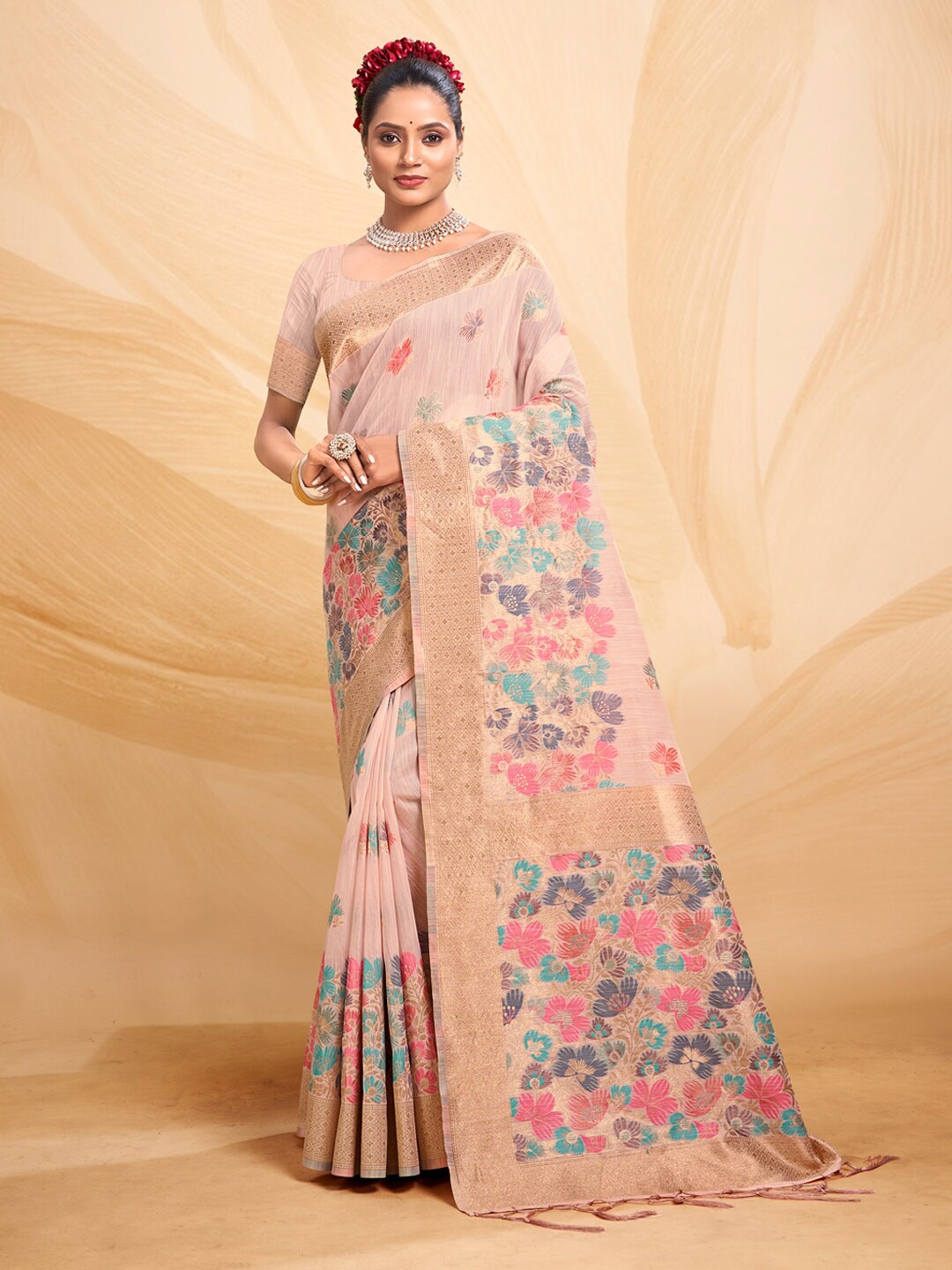 

Mitera Pink Floral Woven Design Zari Saree