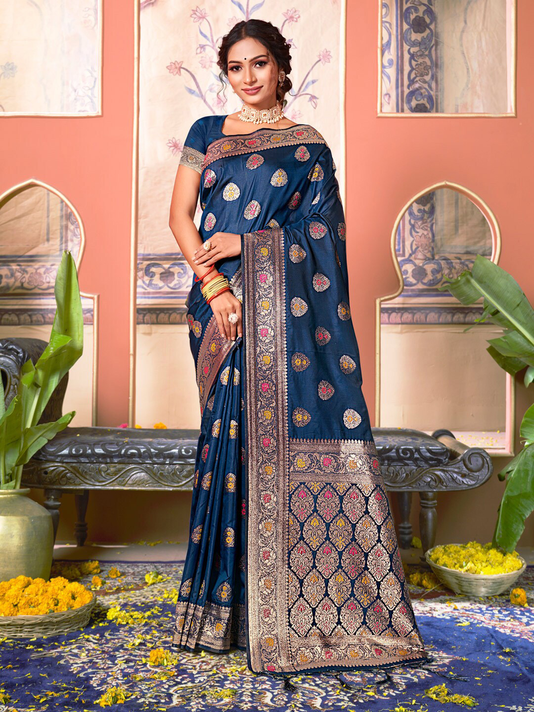 

Mitera Ethnic Motifs Woven Design Zari Banarasi Saree, Blue