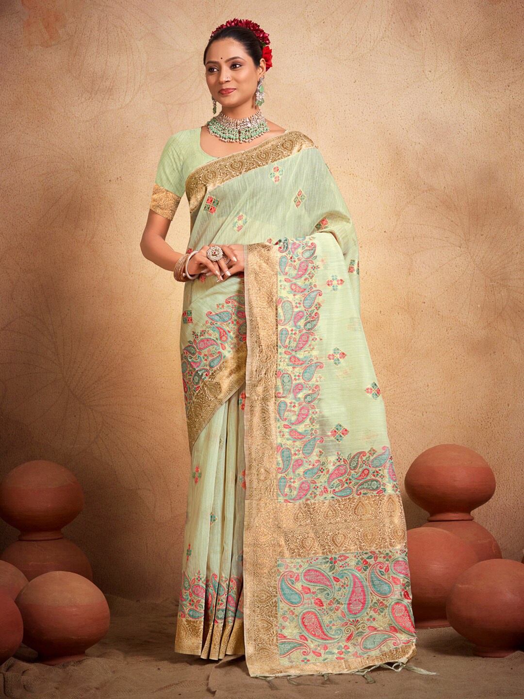 

Mitera Sea Green Ethnic Motifs Woven Design Zari Cotton Saree