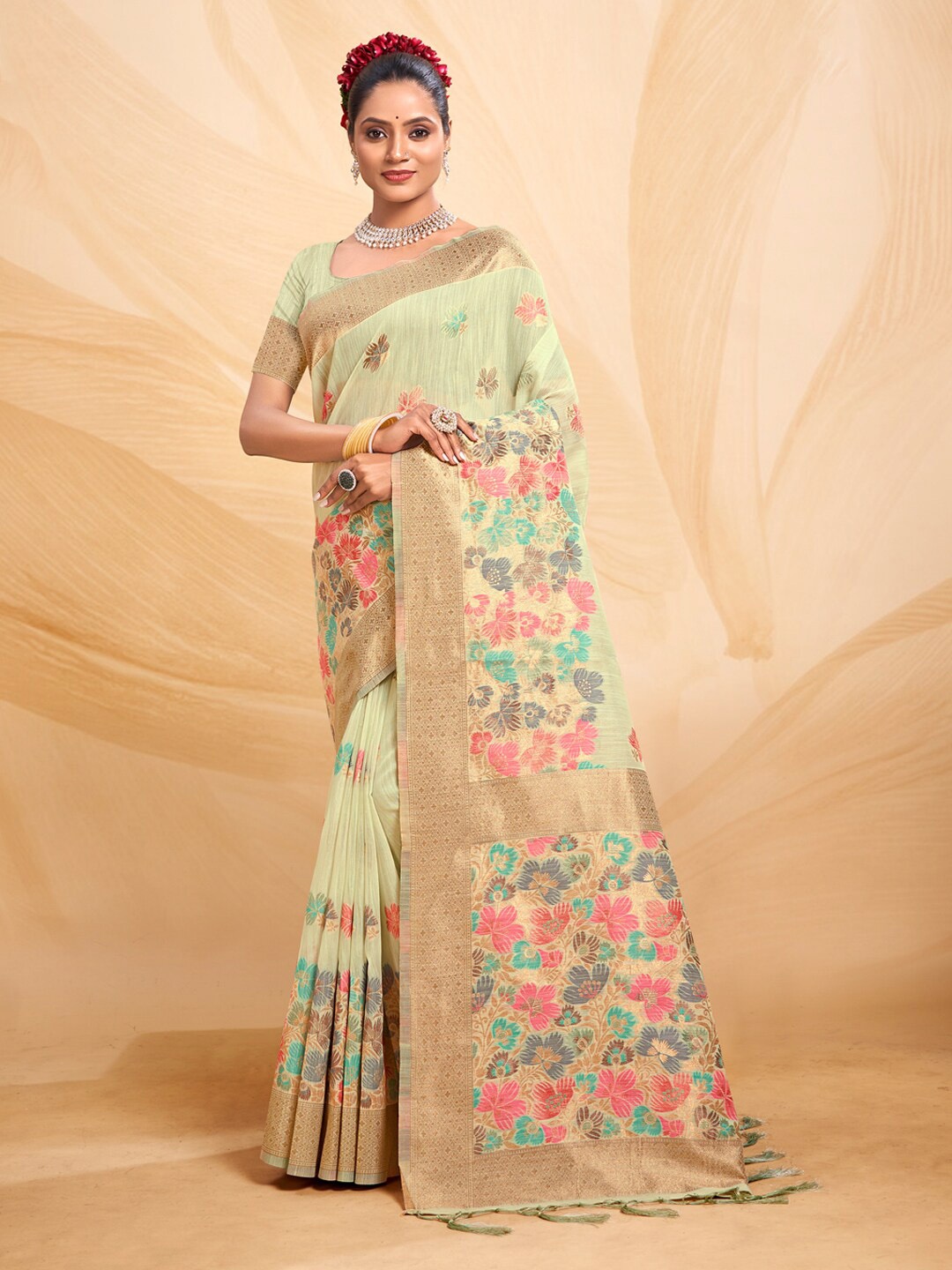 

Mitera Green & Pink Floral Woven Design Zari Saree