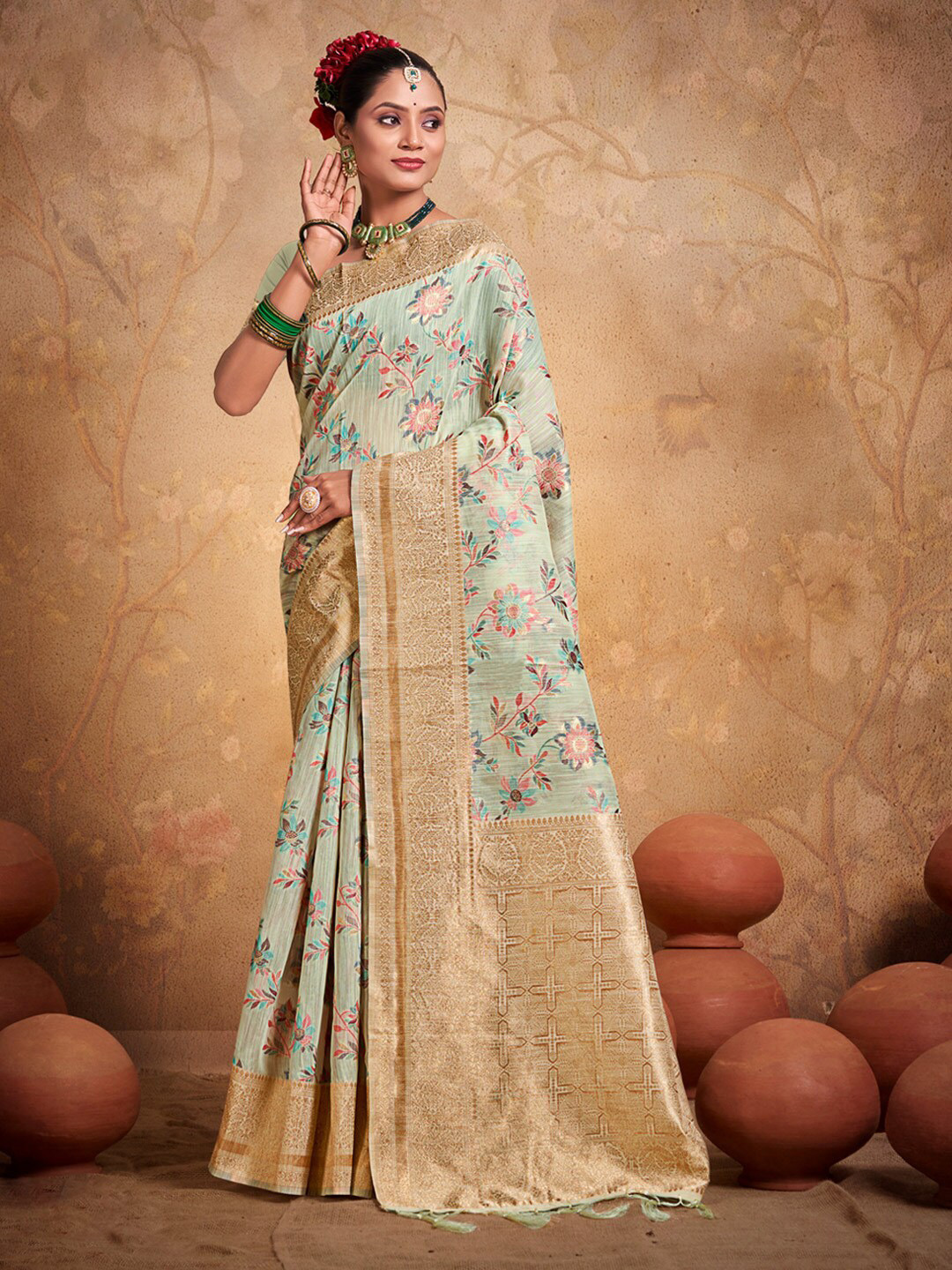 

Mitera Sea Green Woven Design Zari Saree