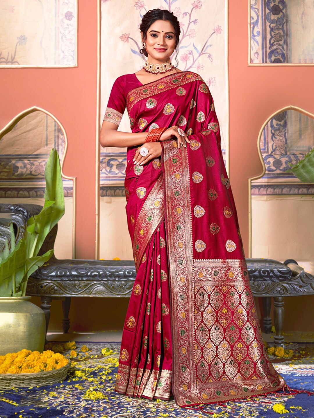 

Mitera Magenta & Silver Ethnic Motifs Woven Design Zari Banarasi Saree