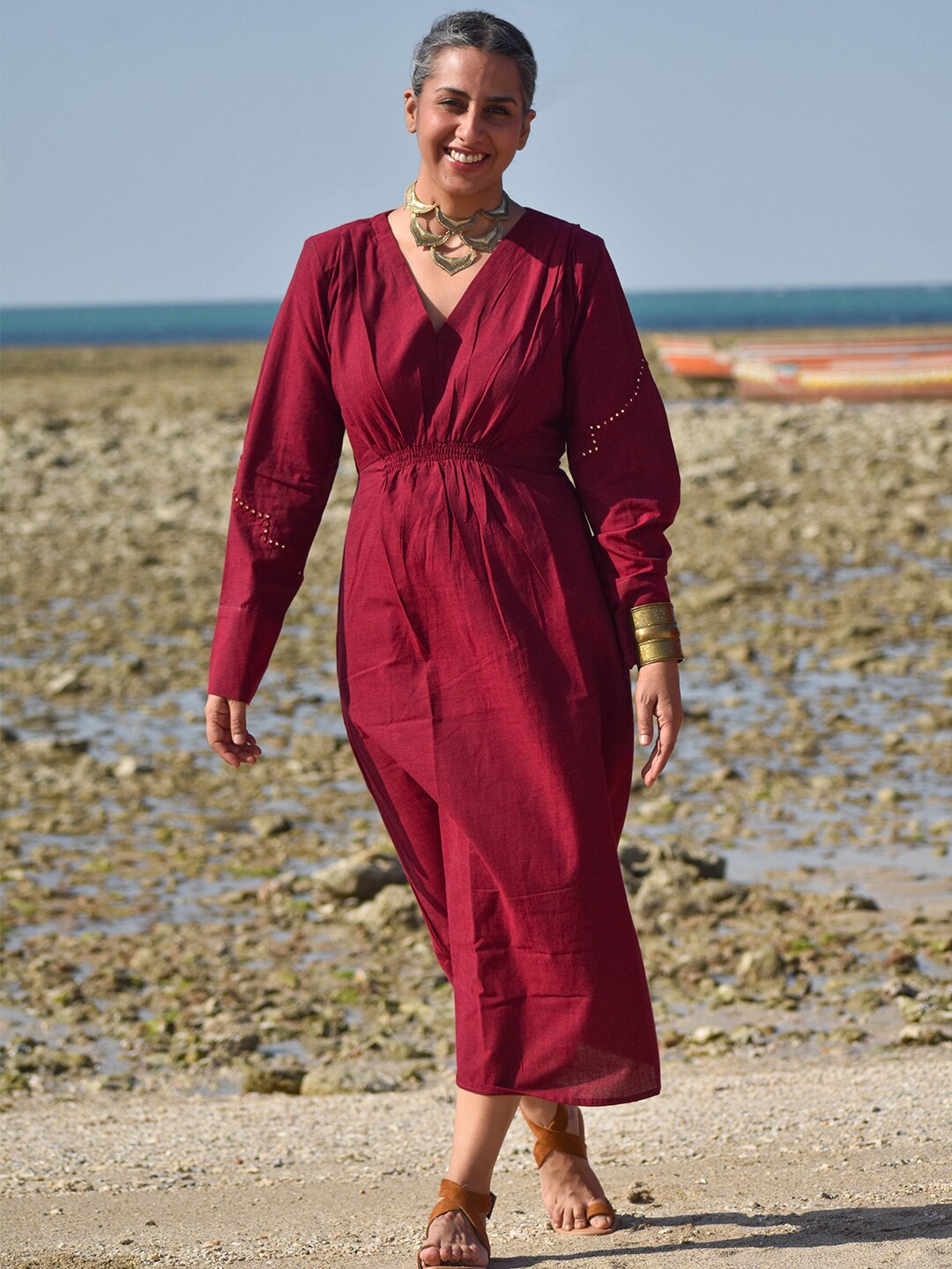 

OKHAI Cuffed Sleeves Mirror Work Pure Cotton A-Line Midi Dress, Maroon