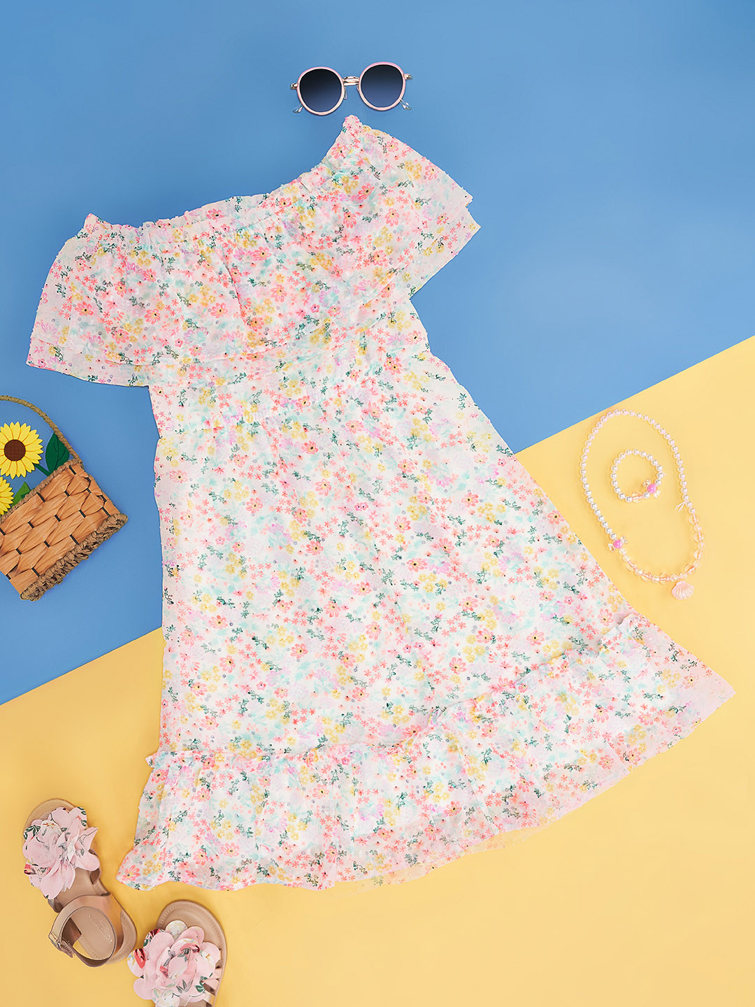 

Pantaloons Junior Girls Floral Printed Off-Shoulder Ruffles A-Line Dress, White