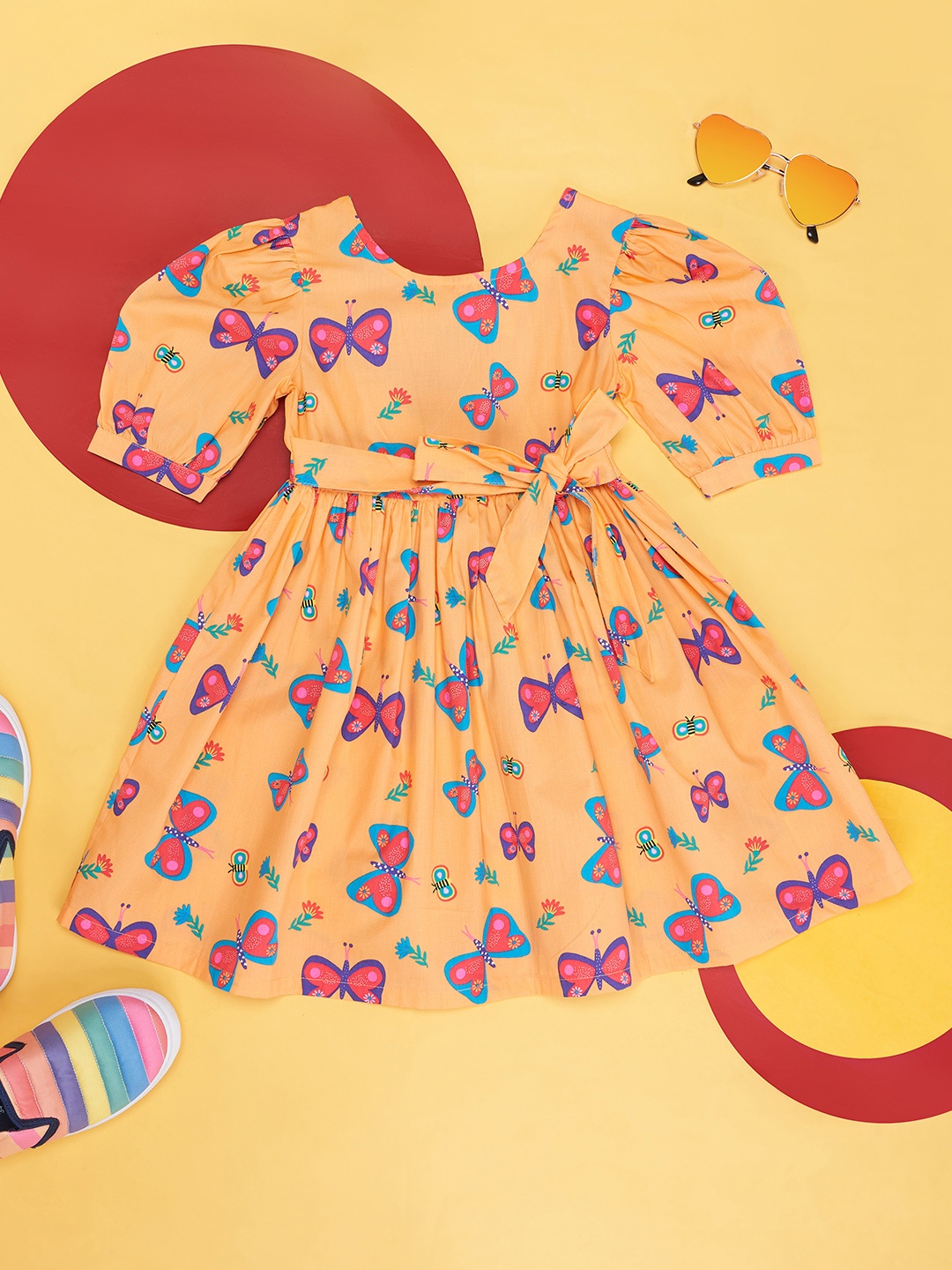 

Pantaloons Junior Girls Conversational Printed Puff Sleeves Cotton Fit & Flare Dress, Orange