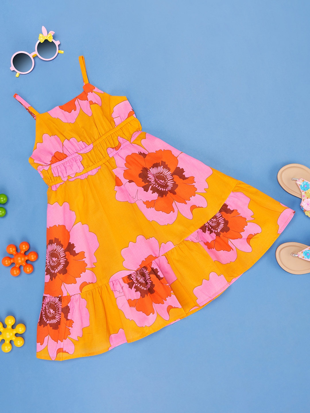 

Pantaloons Junior Girls Floral Printed Shoulder Straps Gathered Cotton A-Line Dress, Orange