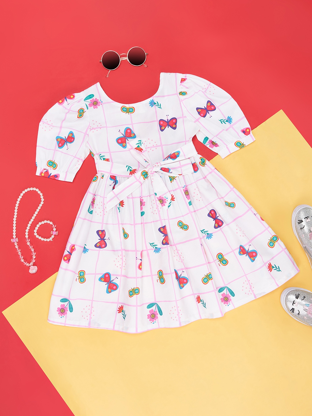 Pantaloons Junior Girls Conversational Printed Puff Sleeves Pure Cotton Fit & Flare Dress, White