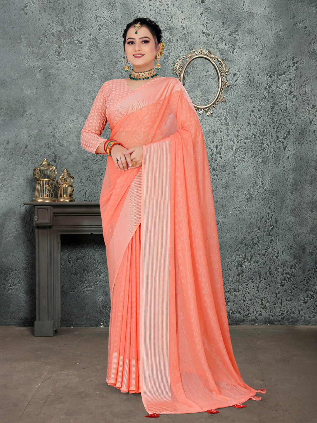 

K 5 Fashion Woven Design Checked Saree With Tassels, Orange