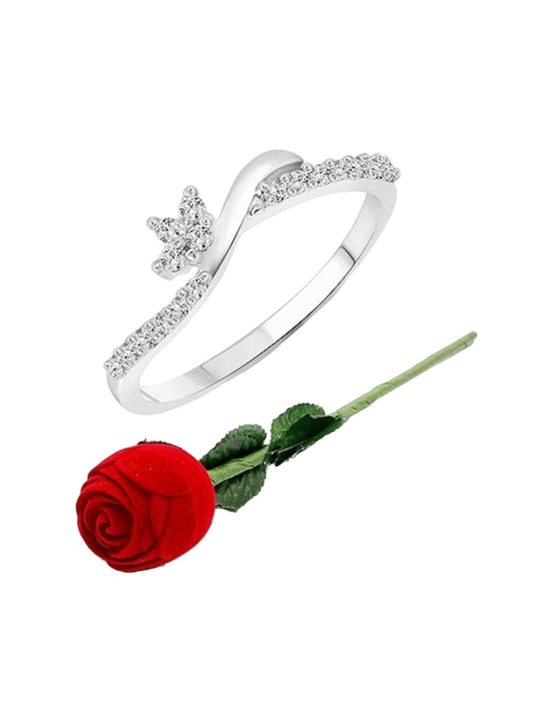 

Vighnaharta Rhodium-Plated Cubic Zirconia Studded Finger Ring & Ring Box, Silver