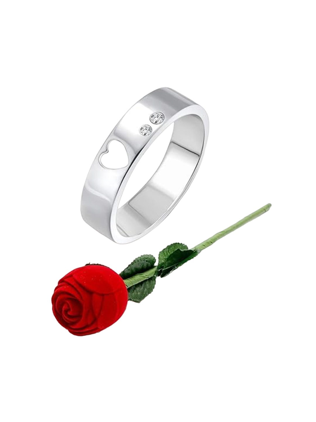 

Vighnaharta Rhodium-Plated CZ Studded Valentine Finger Ring & Velvet Rose Box, Silver