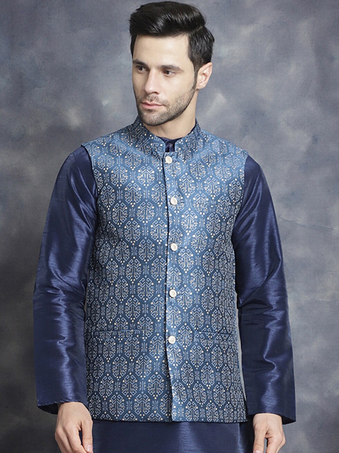 

Jompers Printed Mandarin Collar Silk Cotton Nehru Jacket, Navy blue