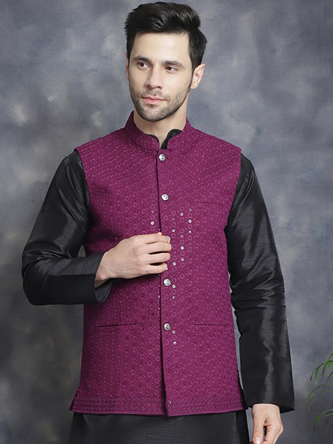 

Jompers Embroidered Sequinned Mandarin Collar Sleeveless Nehru Jacket, Purple