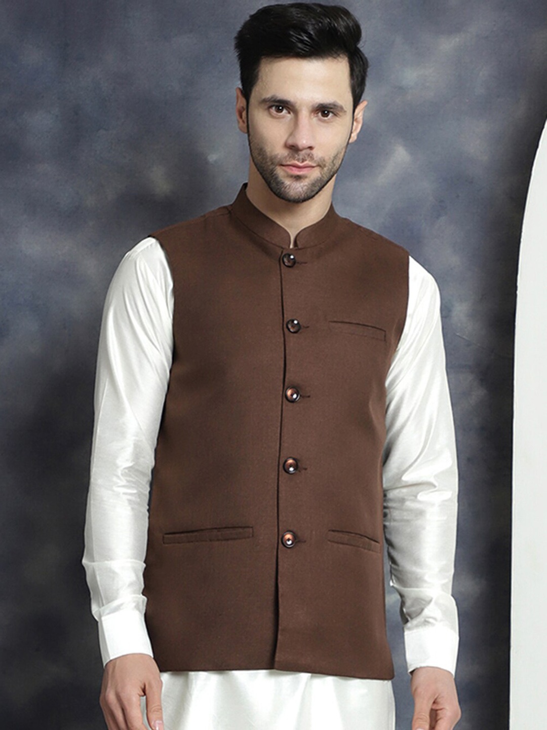 

Jompers Mandarin Collar Nehru Jacket, Brown