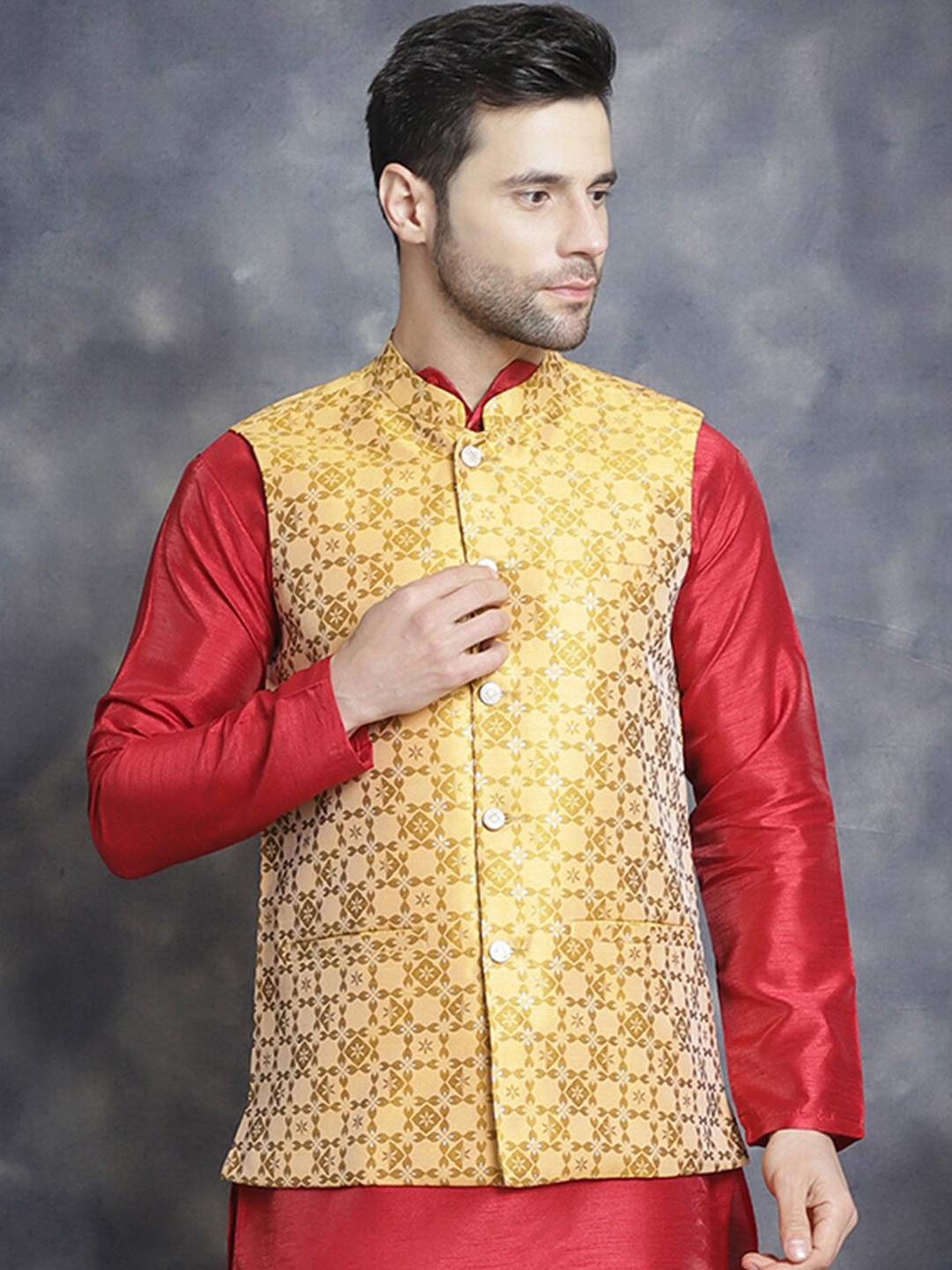 

Jompers Woven Design Mandarin Collar Sleeveless Silk Cotton Nehru Jacket, Mustard