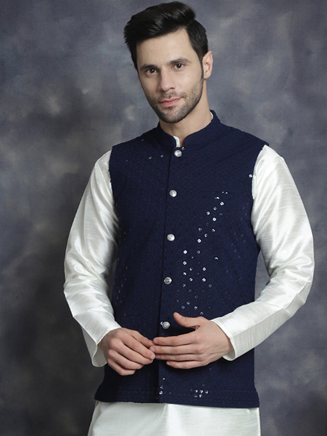 

Jompers Embroidered Sequinned Mandarin Collar Sleeveless Nehru Jacket, Navy blue