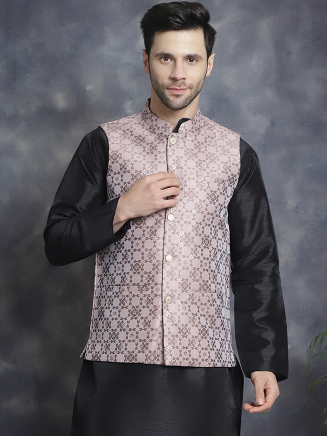 

Jompers Woven Design Silk Cotton Nehru Jacket, Mauve
