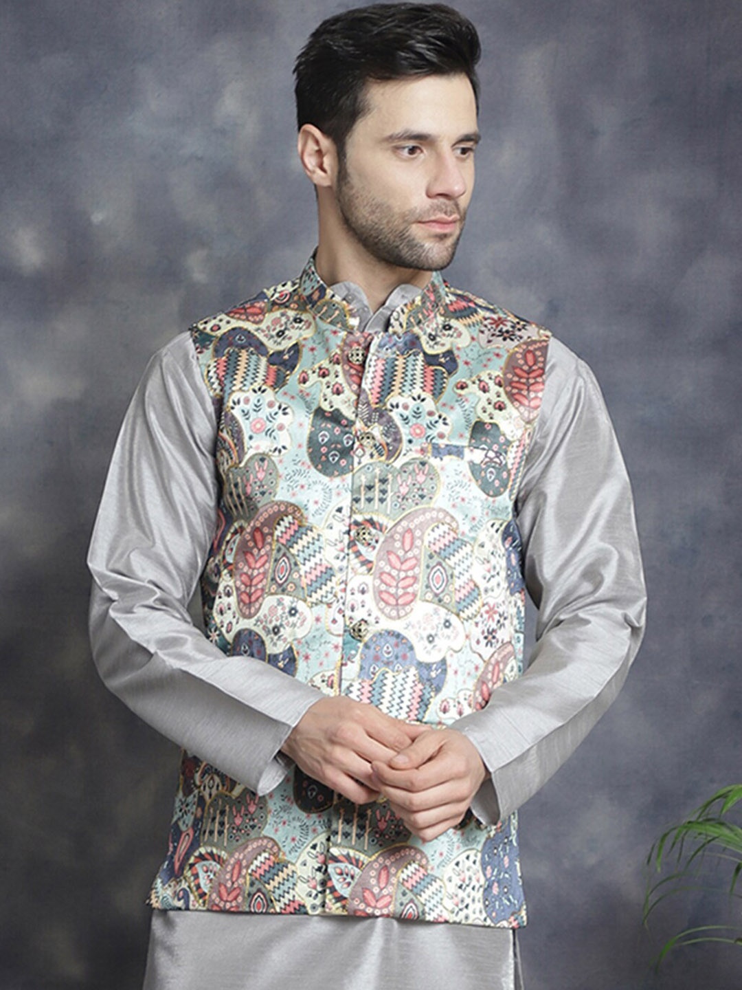 

Jompers Ethnic Printed Mandarin Collar Silk Cotton Nehru Jacket With Zari Work, Blue