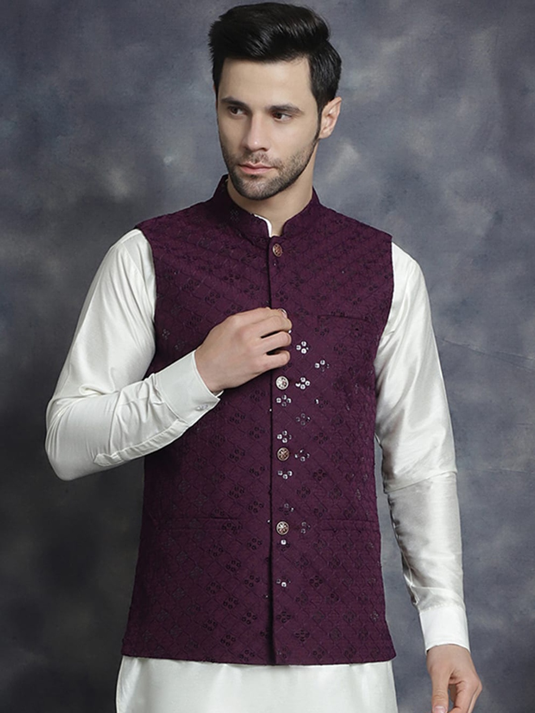 

Jompers Sequineed Embroidered Mandarin Collar Nehru Jacket, Purple