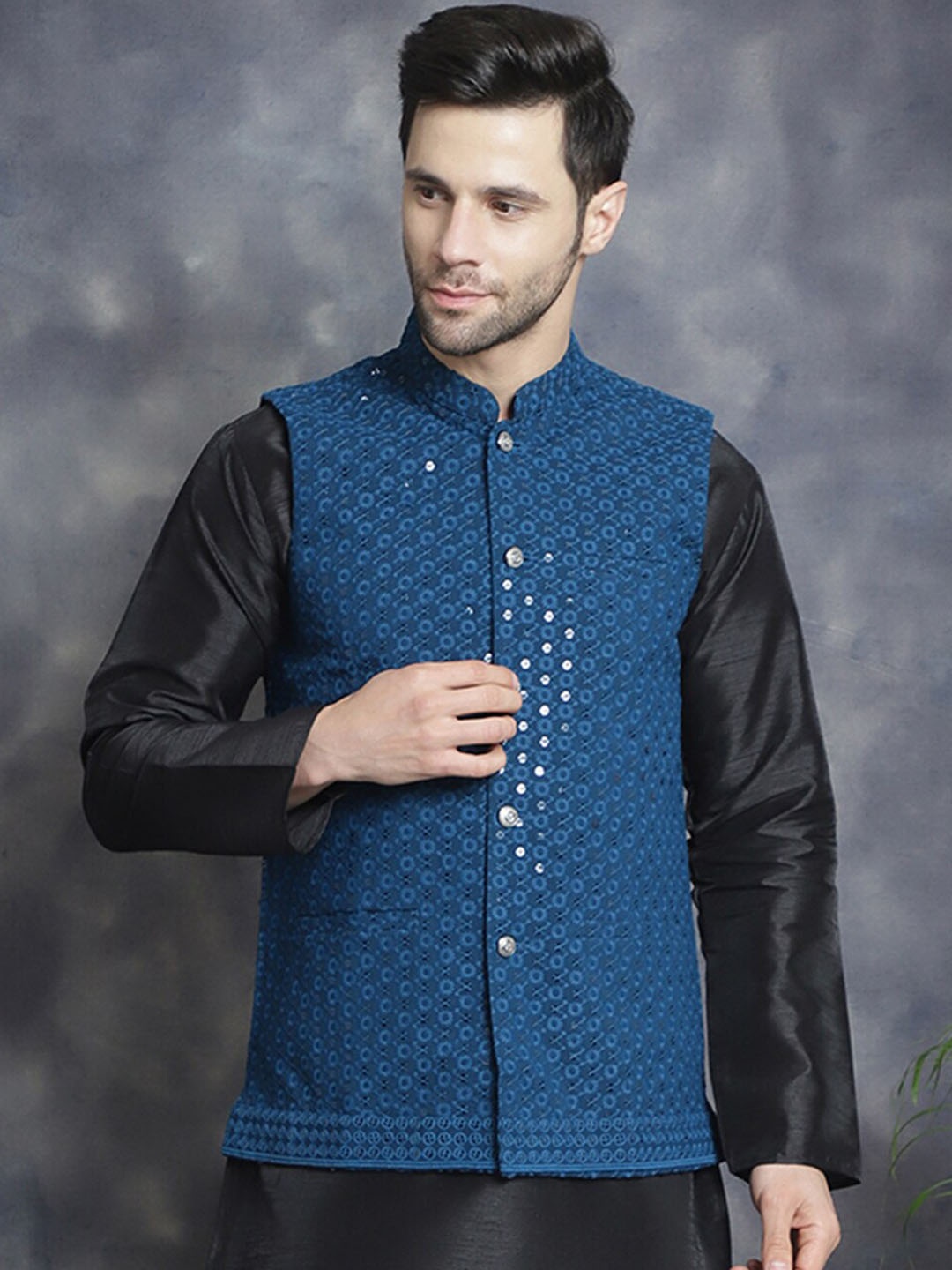 

Jompers Embroidered Sequined Nehru Jacket, Blue