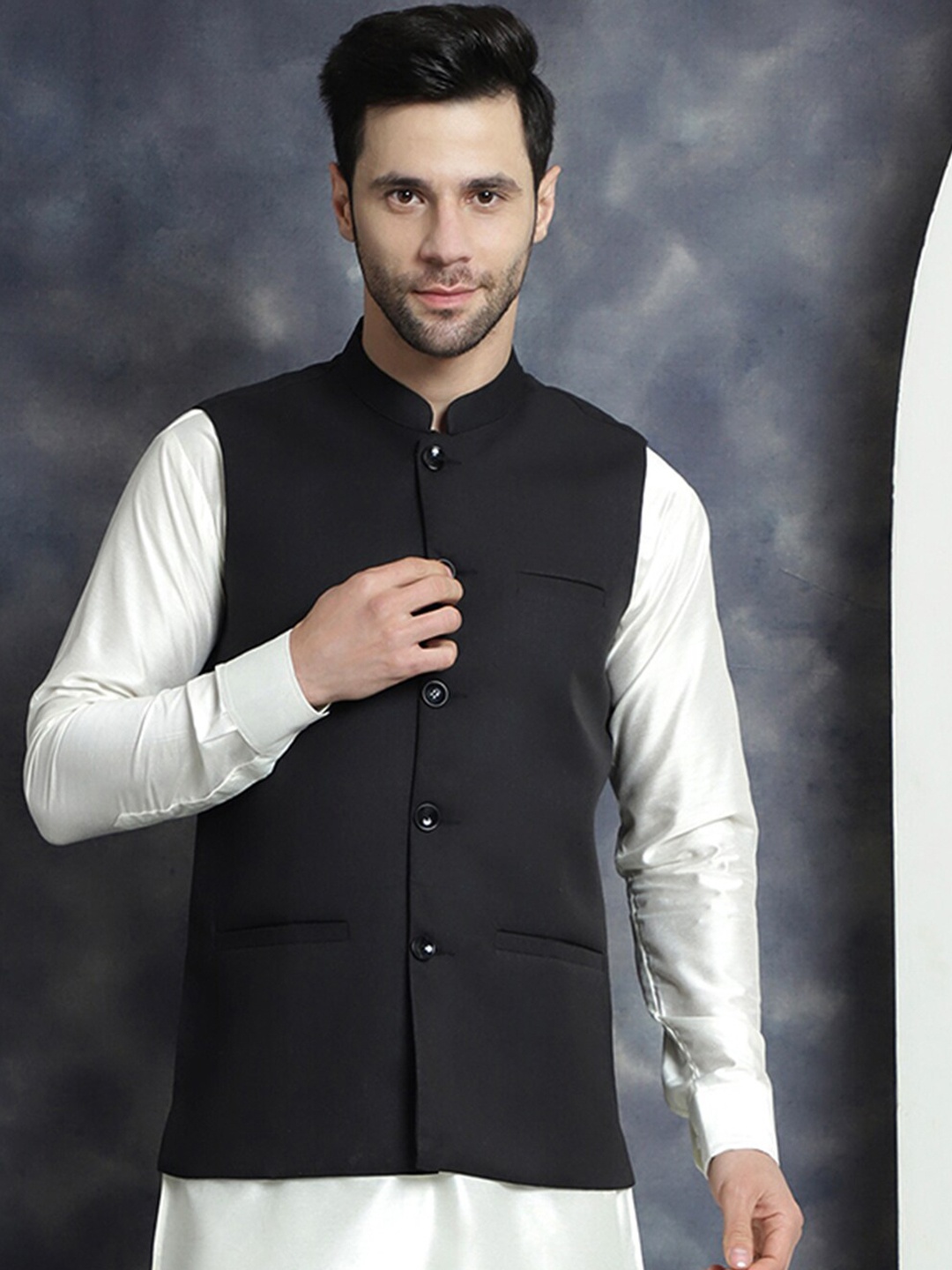 

Jompers Mandarin Collar Nehru Jacket, Black