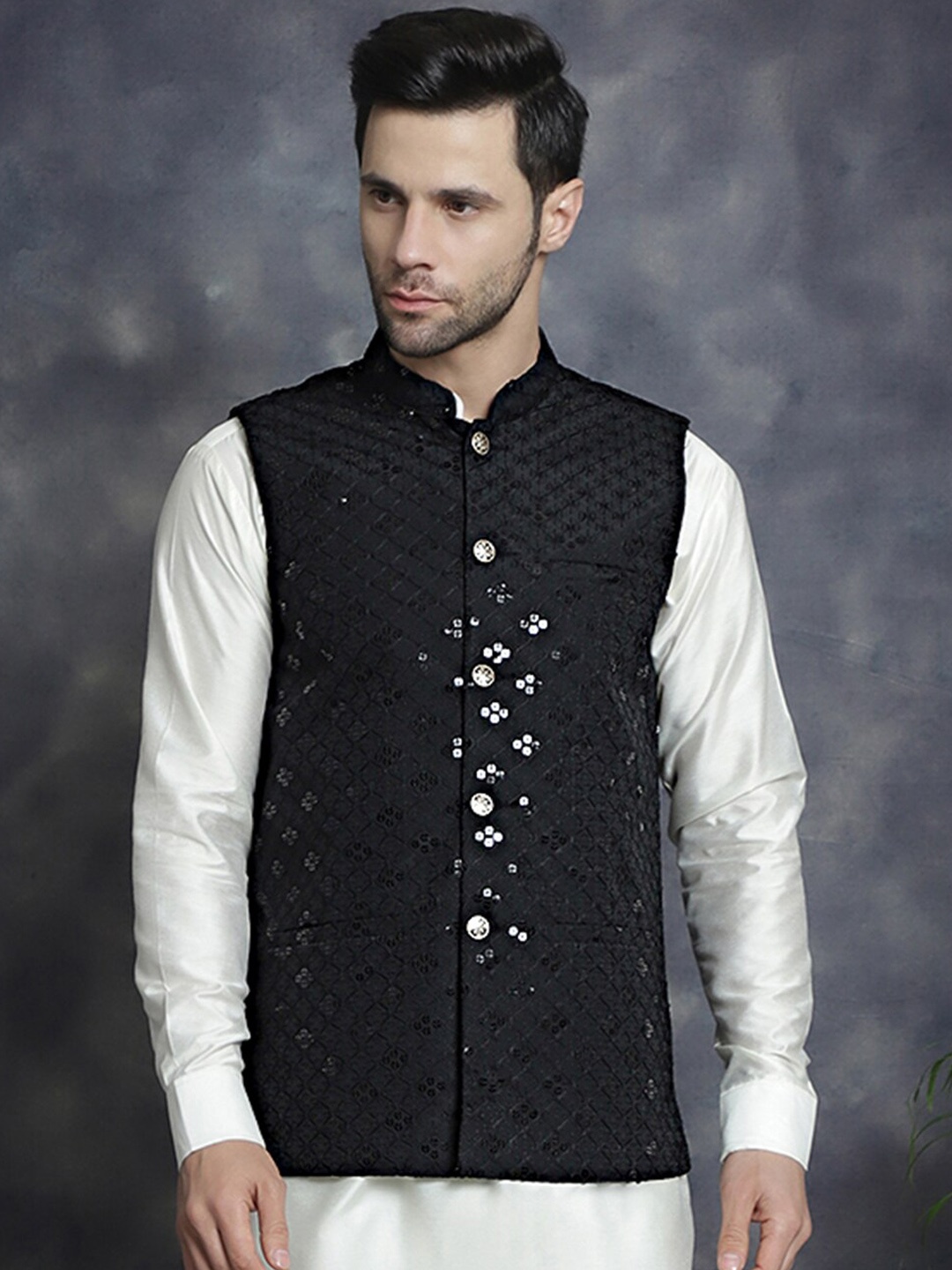 

Jompers Embroidered Sequinned Nehru Jacket, Black
