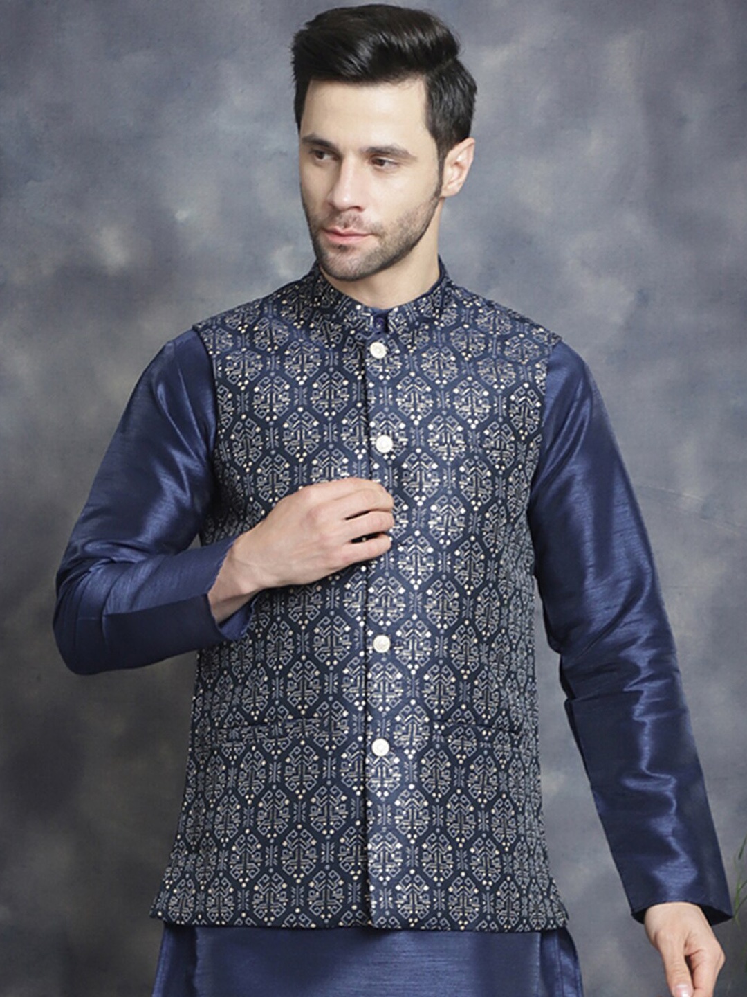 

Jompers Ethnic Printed Mandarin Collar Silk Cotton Nehru Jacket, Navy blue