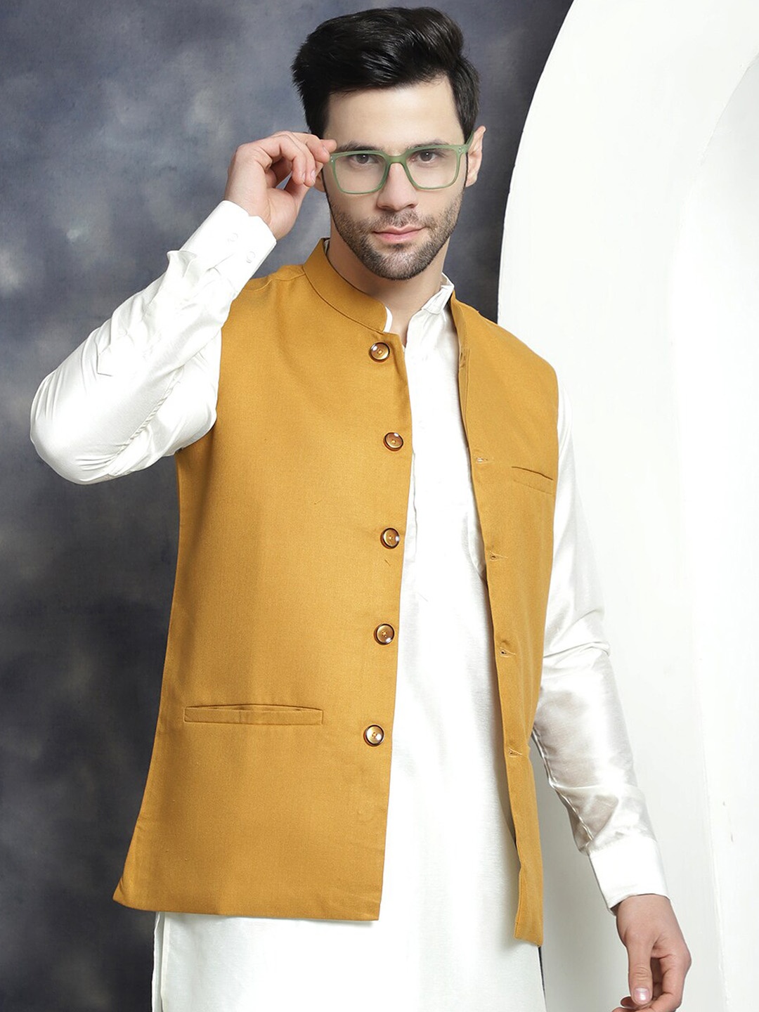 

Jompers Mandarin Collar Nehru Jacket, Mustard