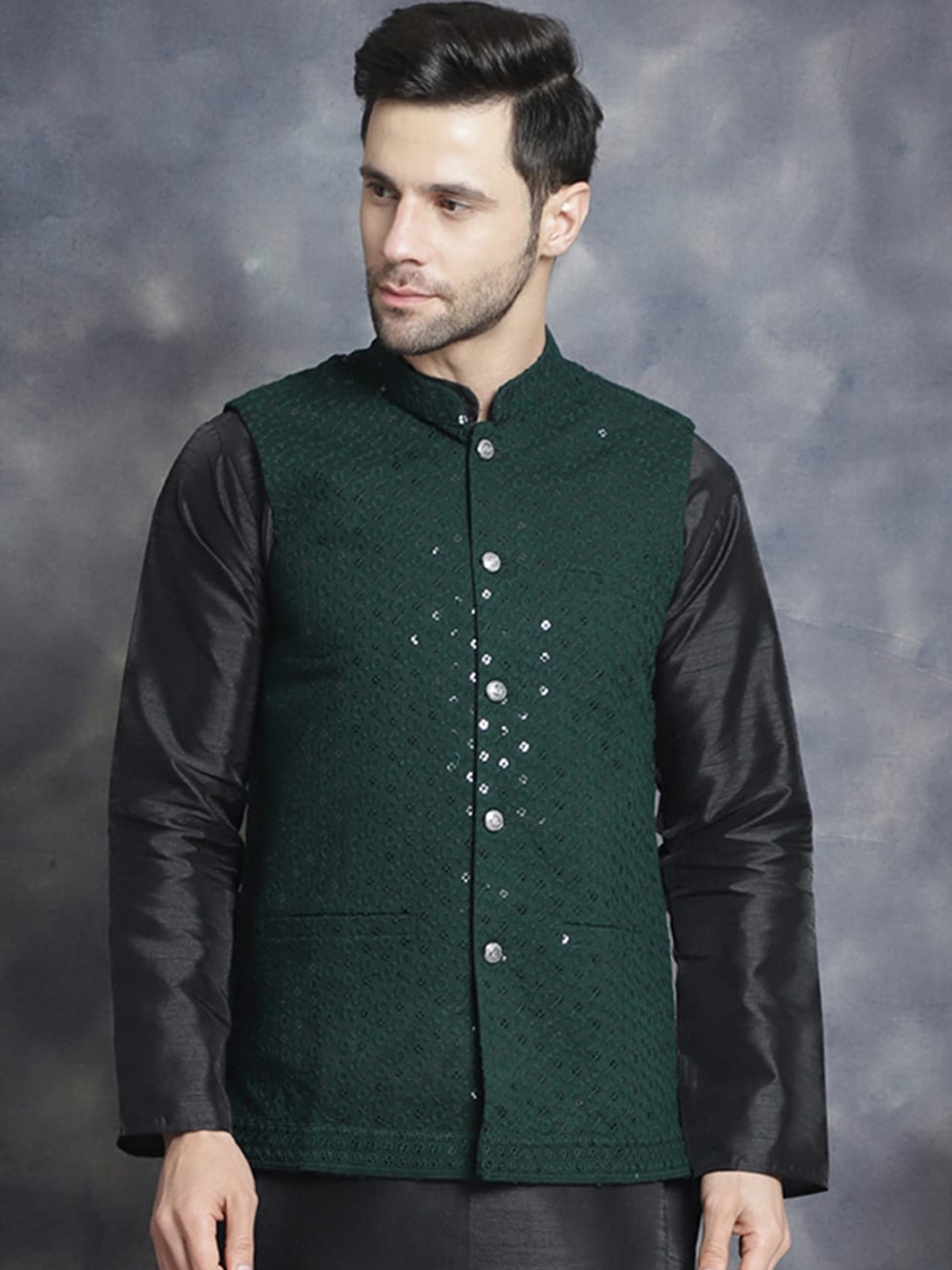 

Jompers Embroidered Sequinned Mandarin Collar Nehru Jacket, Green