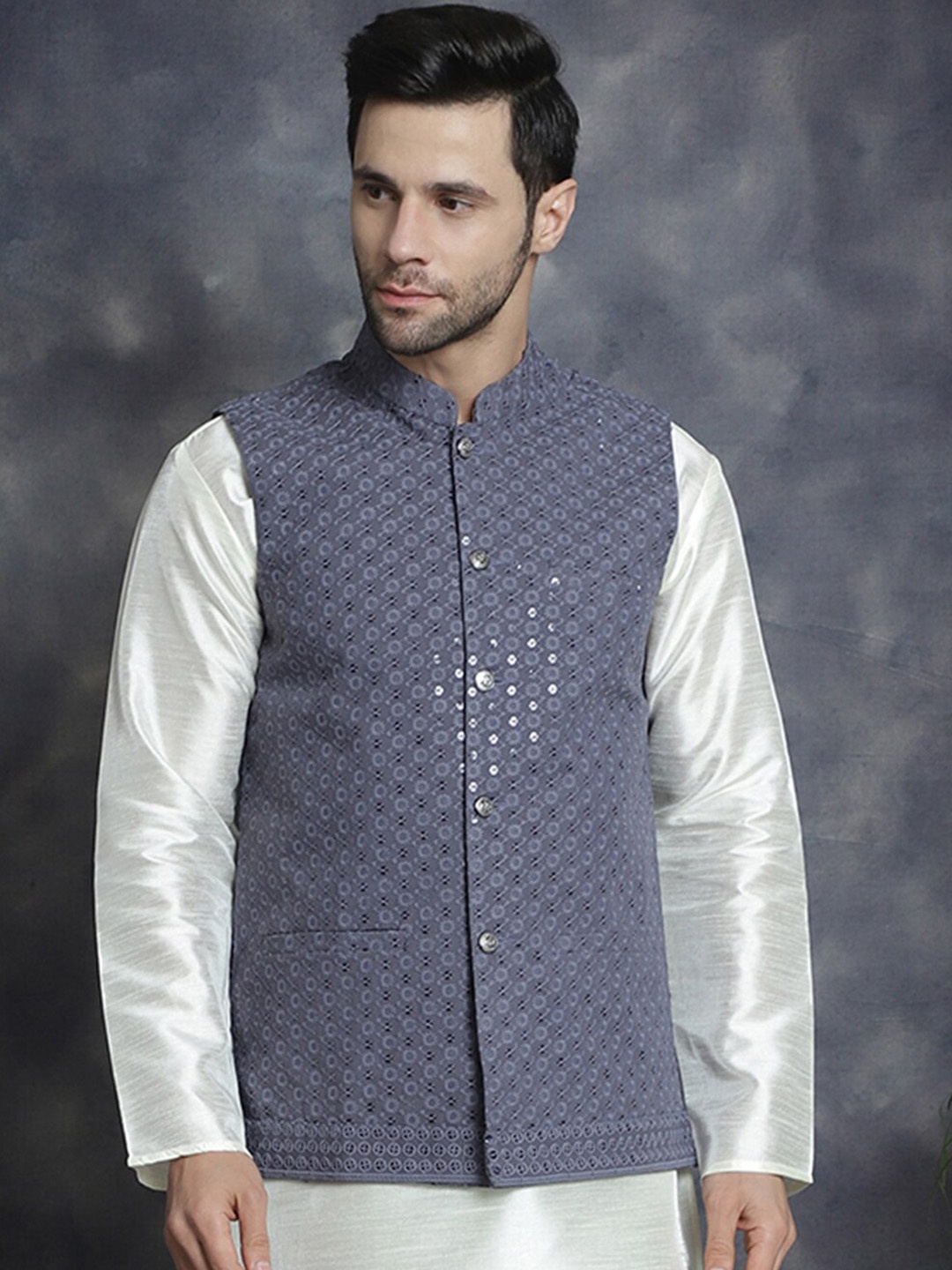 

Jompers Embroidered Sequinned Mandarin Collar Sleeveless Nehru Jacket, Grey