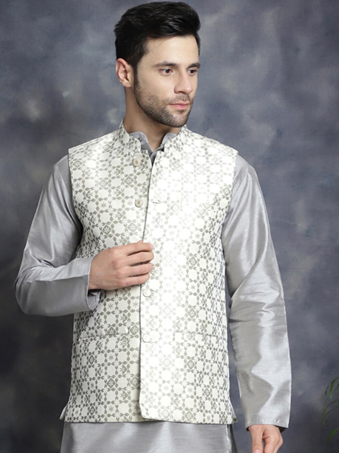 

Jompers Woven Design Mandarin Collar Silk Cotton Nehru Jacket, Cream