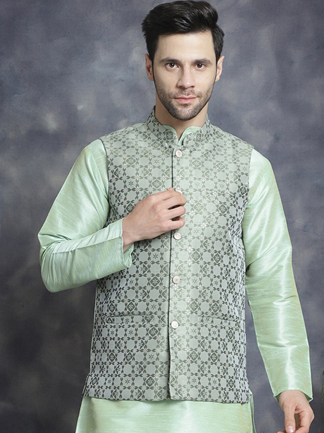 

Jompers Woven Design Silk Cotton Nehru Jacket, Green