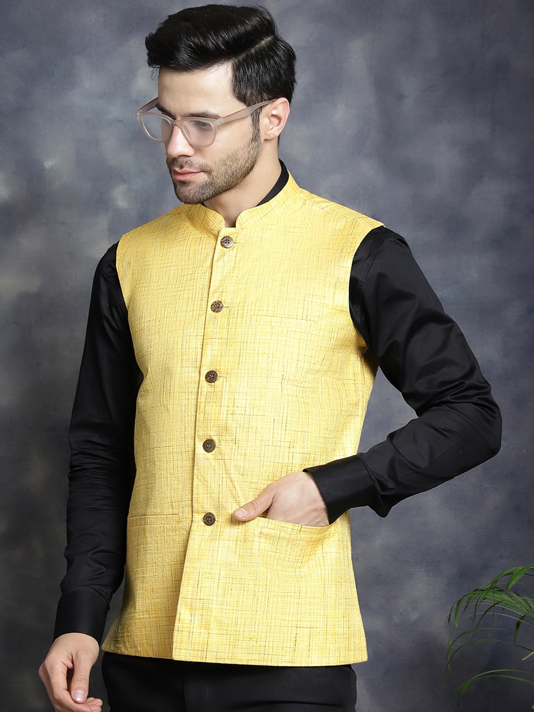 

Jompers Woven Design Single-Breasted Mandarin Collar Nehru Jacket, Yellow