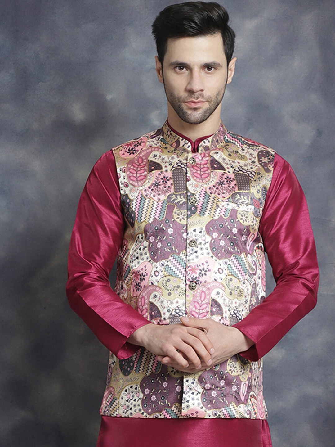 

Jompers Printed Zari Silk Cotton Nehru Jacket, Purple