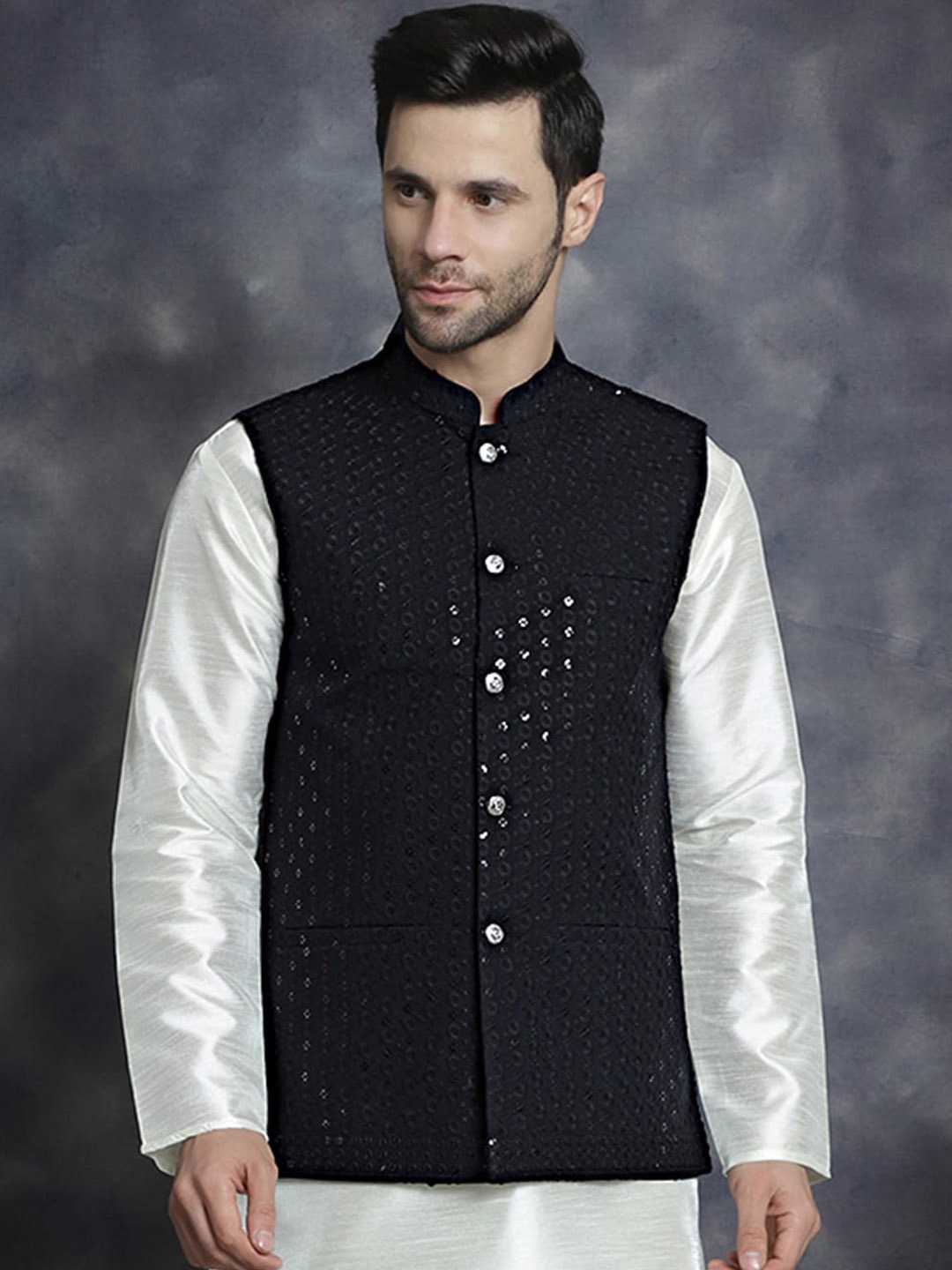 

Jompers Embroidered Sequinned Mandarin Collar Nehru Jacket, Black