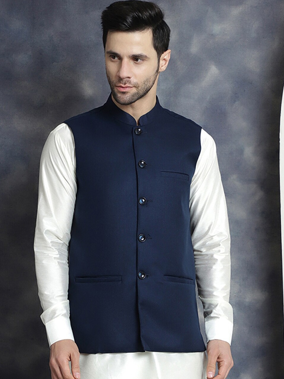 

Jompers Mandarin Collar Nehru Jacket, Navy blue