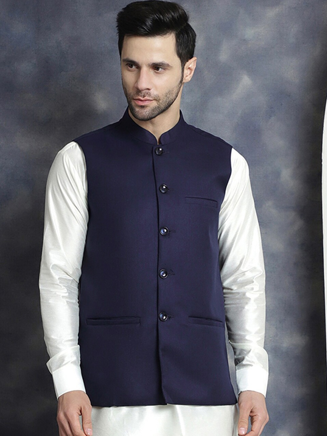 

Jompers Mandarin Collar Nehru Jacket, Navy blue